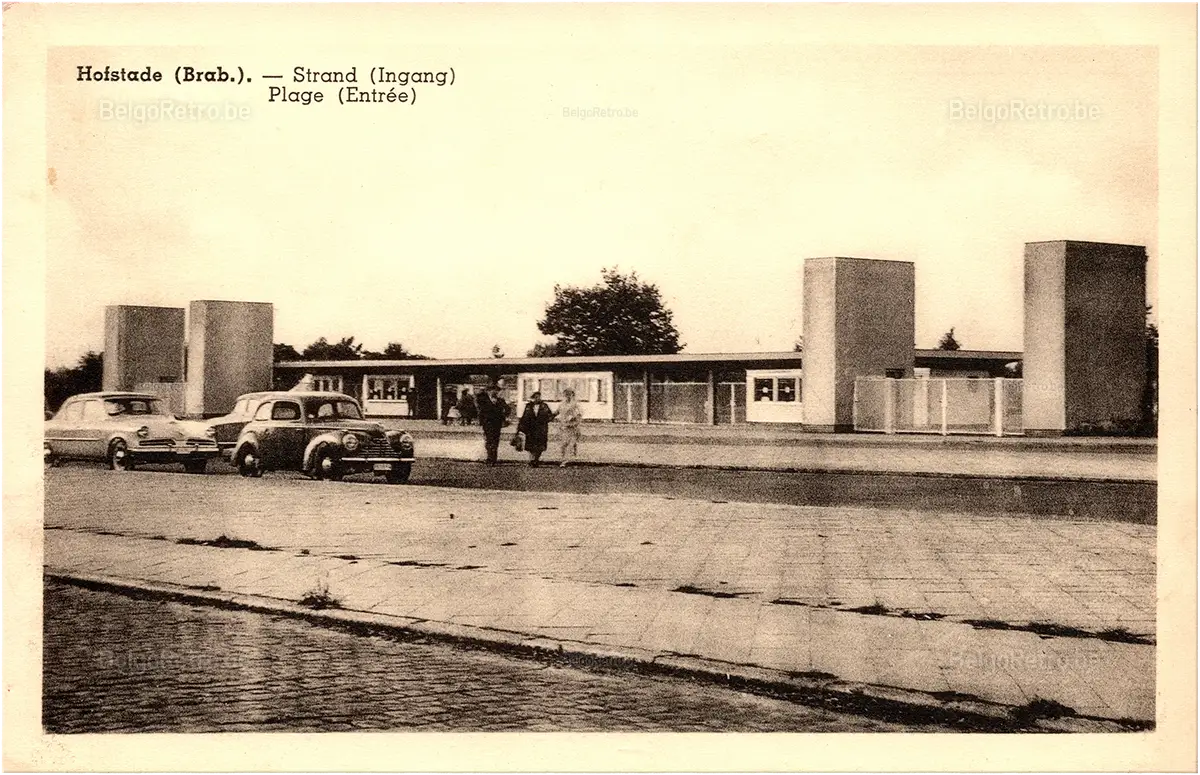Hofstade (Brab.) - Strand (Ingang) Plage (Entrée) Uitg. : Louis Van Kerckhoven - Voedingswaren - Wijnen Likeuren - Huishoudart. - Tervuren Steenweg, 176   Kunstfotographie - Geillustreerde Postkaarten E. Beernaert, Poststr., 49, Lokeren. Verb. nadr. 